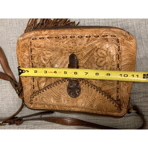 Patricia Nash crossbody bag tan leather embossed floral tassel buckle flap - Picture 10 of 13